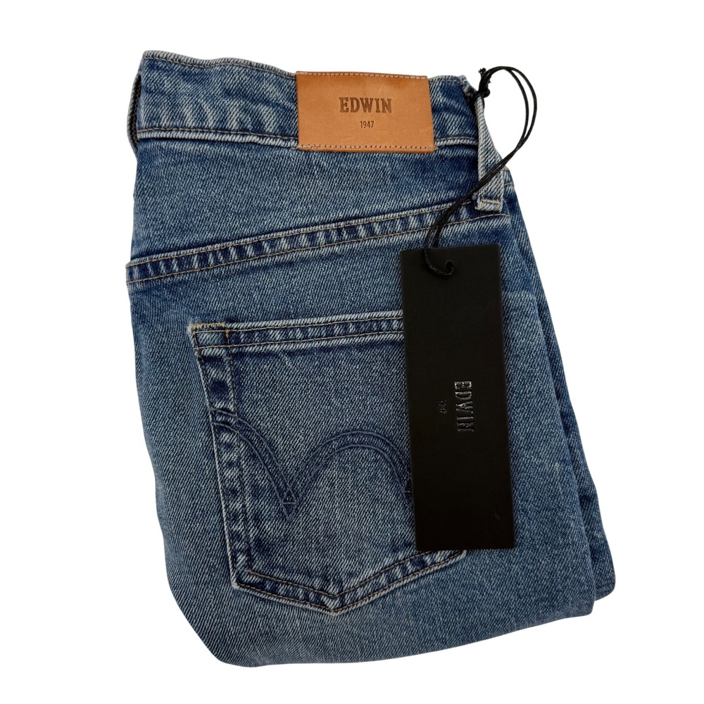 Edwin Women's Straight Leg Jeans - Blue Denim with Tan Patch